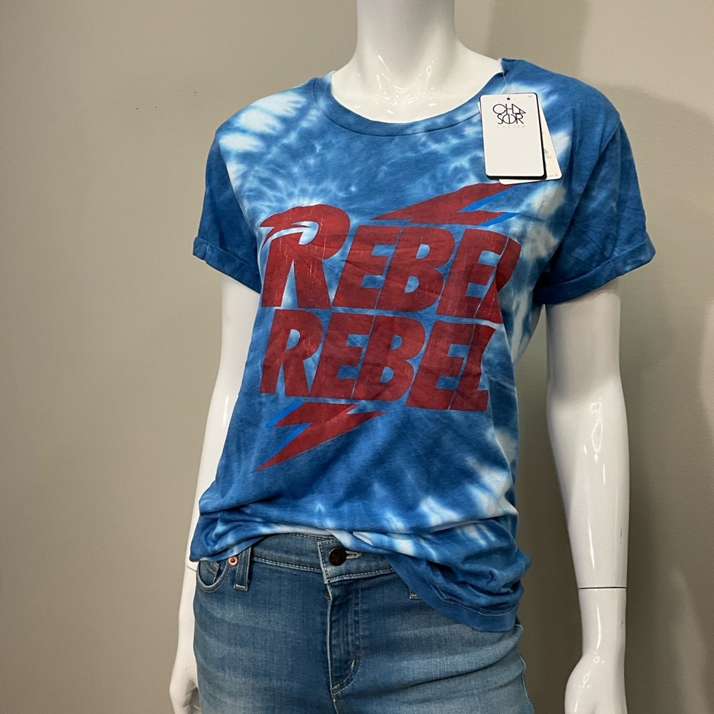 CHASER Blue Tie-Dye Rebel Graphic T-Shirt SS Lightening Bolt M David Bowie Top - Picture 2 of 4